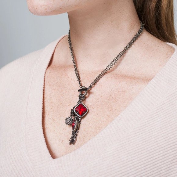 WHBM CONVERTIBLE SHORT-LONG HEMATITE JEWELED CHARM NECKLACE RED - Picture 2 of 3